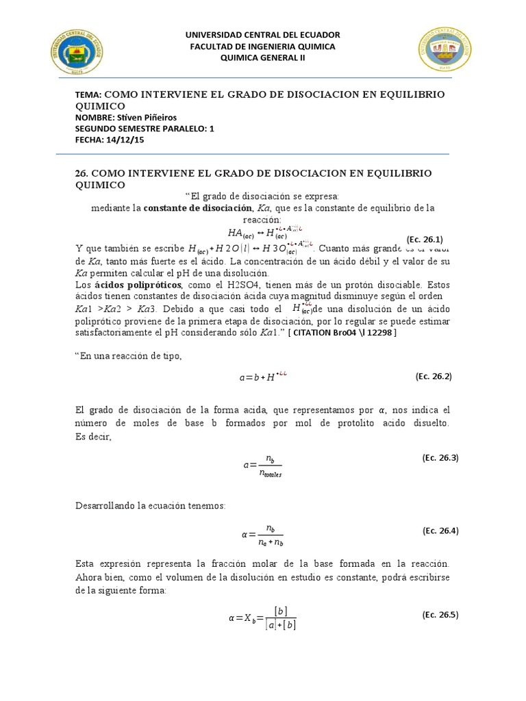 Grado de Disociacion en Equilibrio Quimico PDF Disociación (química