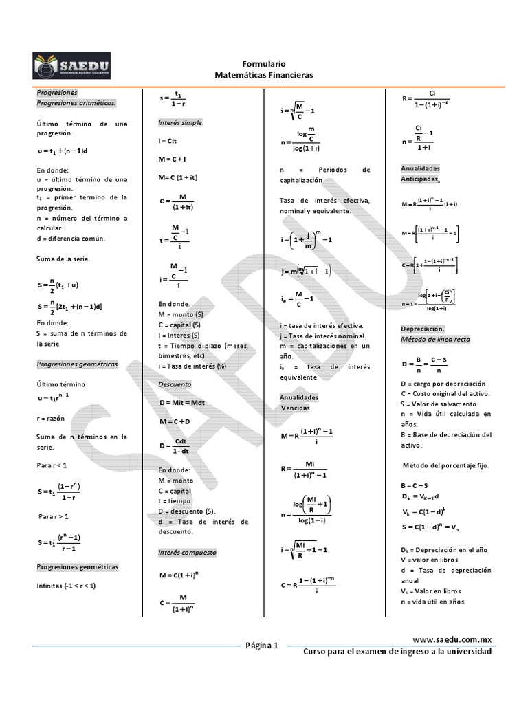 Formulario de Matemáticas Financieras | PDF | Finanzas Matemáticas ...