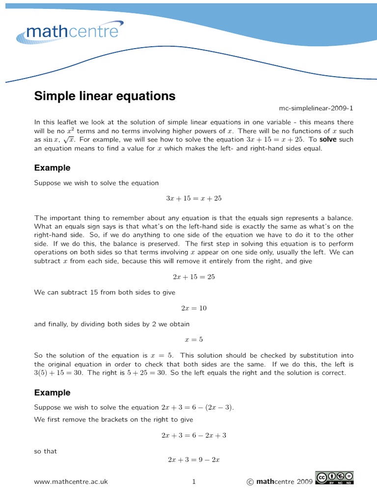 Solving Simple Linear Equations | PDF | Equations | System Of Linear ...
