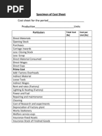 Specimen of Cost Sheet