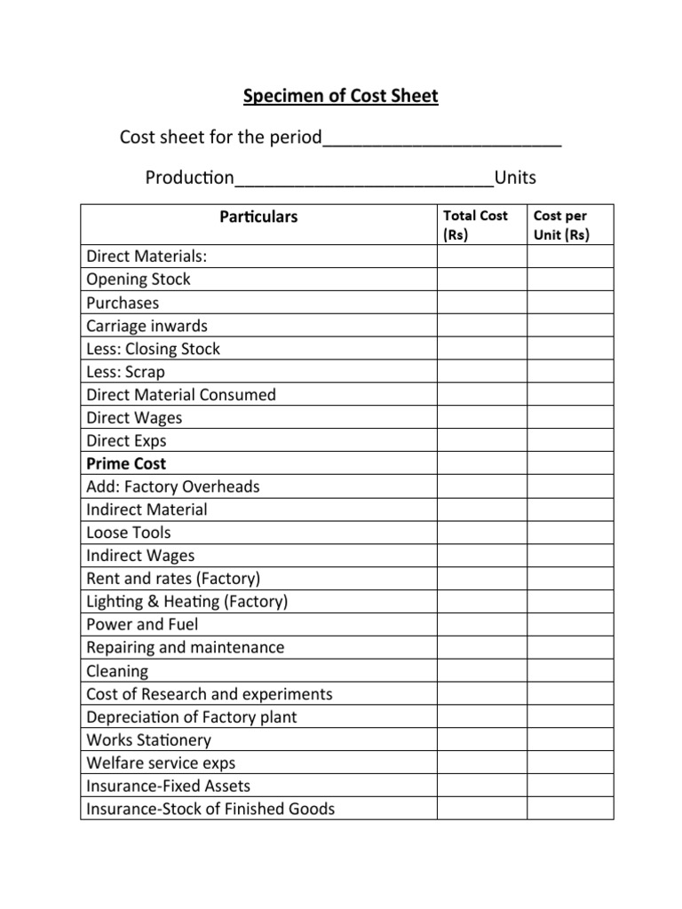 Cost Sheet Format Specimen | PDF | Business | Computers