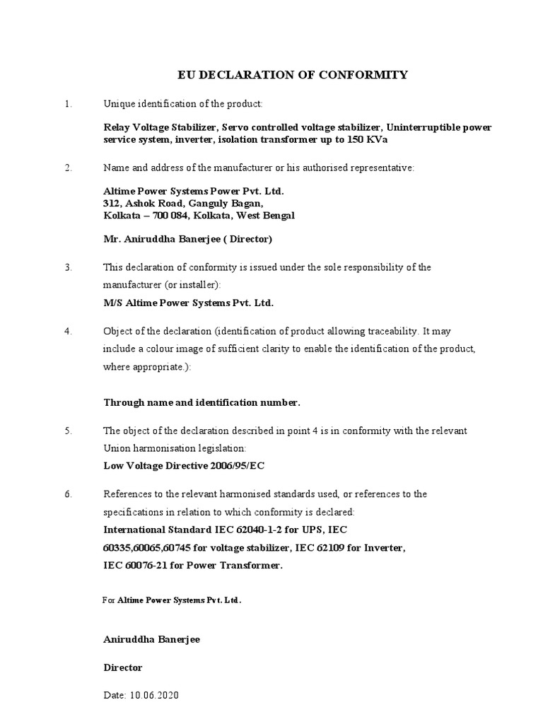 Altime Power Systems Compliance Declaration | PDF | Home & Garden