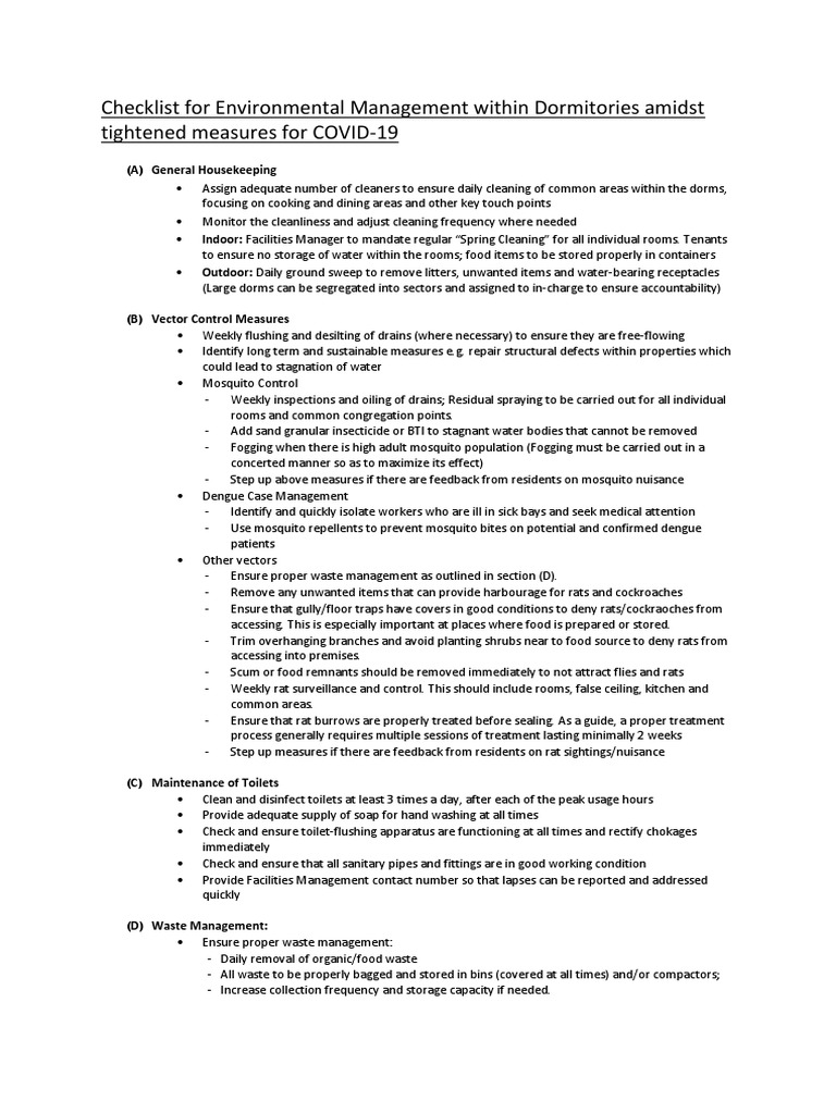 COVID-19 Dormitory Environmental Checklist | PDF | Waste Management ...