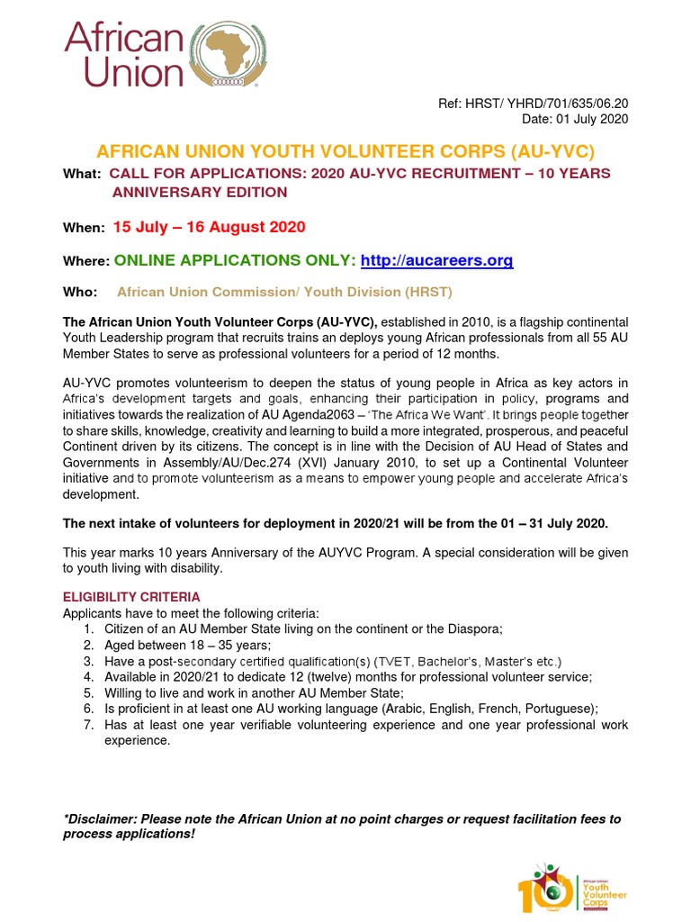 AU Youth Volunteer Corps 2020 Recruitment | PDF | African Union ...