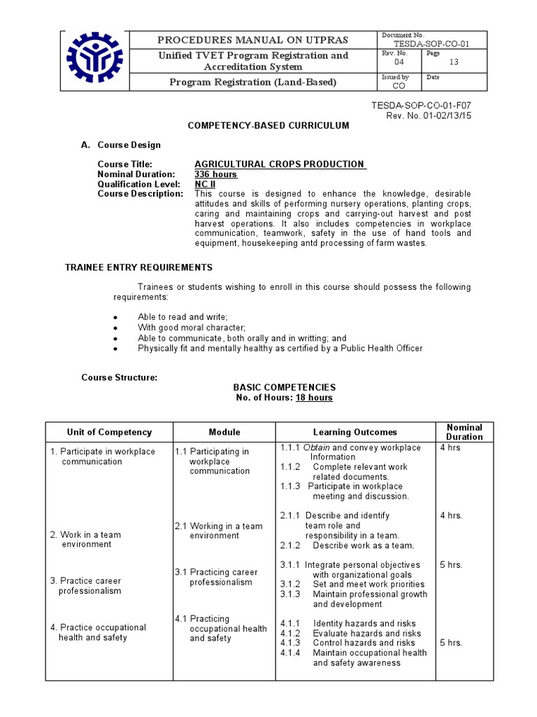 TESDA-SOP-CO-01-f07 - Competency Based Curriculum aGRI cROPS | PDF ...
