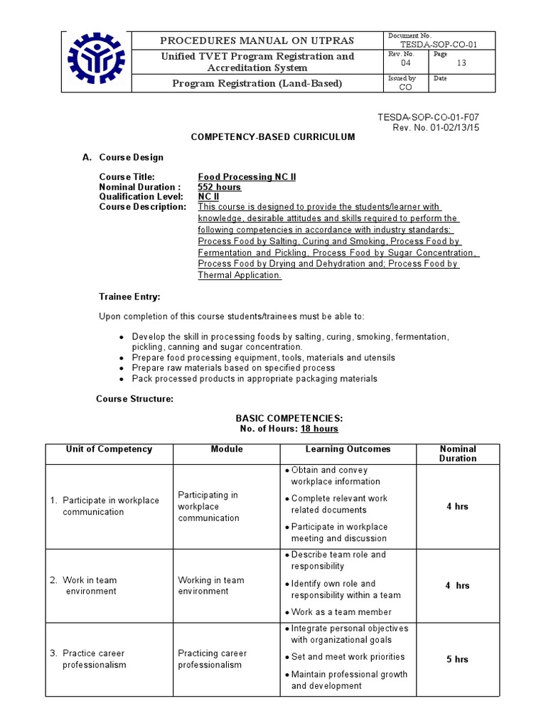 TESDA-SOP-CO-01-f07 - Competency Based Curriculum Food Processing | PDF ...