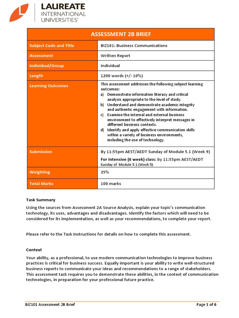 BIZ101 Assessment 2B Report Guidelines | PDF | Educational Assessment ...