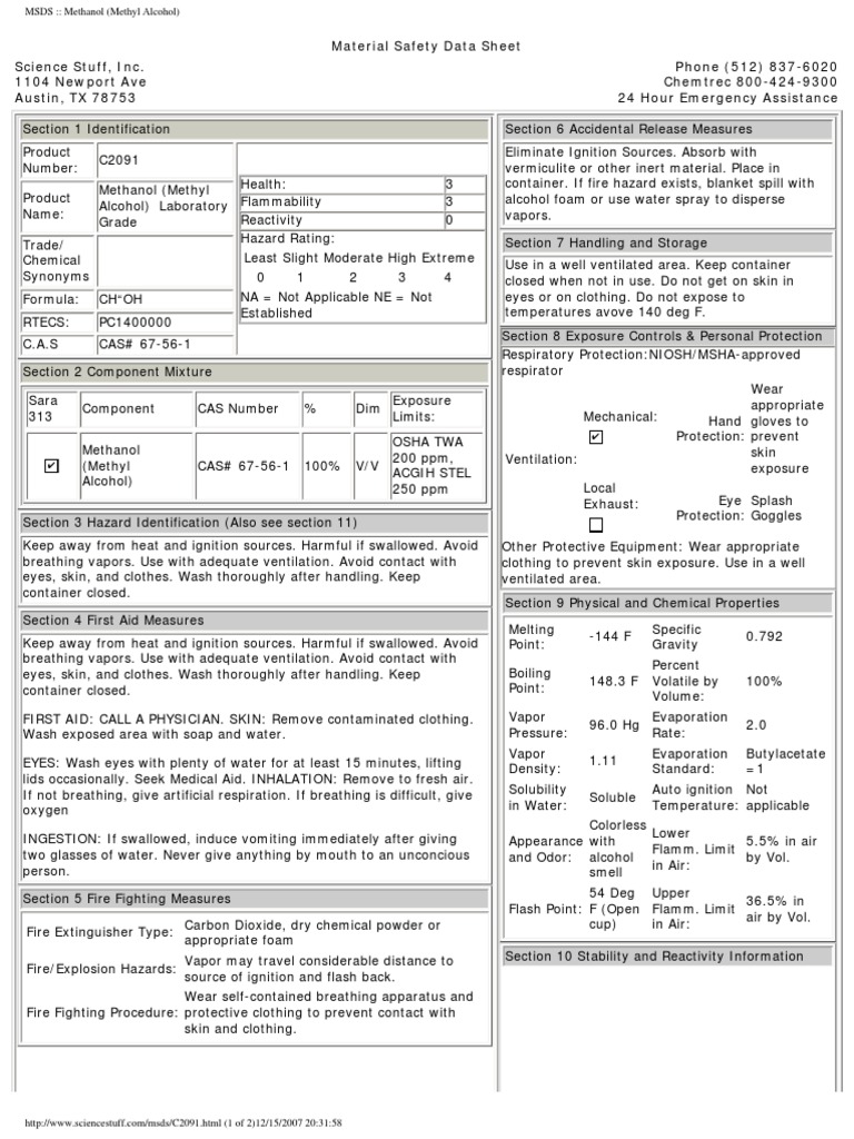 MSDS Methanol (Methyl Alcohol) PDF Breathing Atmosphere Of Earth
