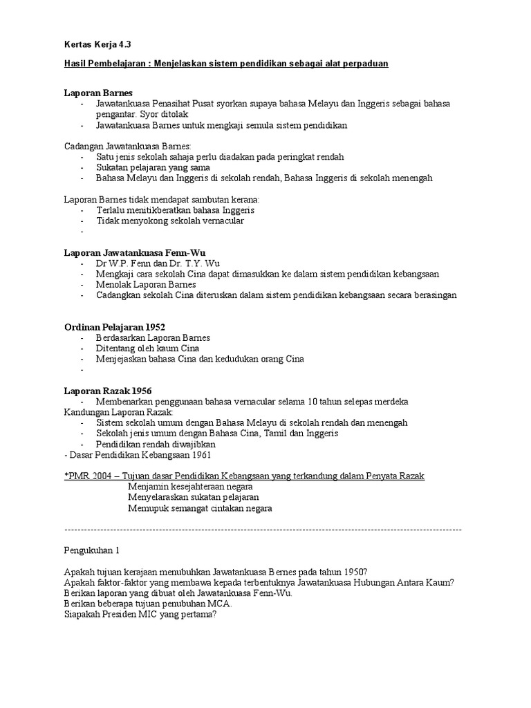 Laporan Barnes Kertas Kerja 4 3 Hasil Pembelajaran Menjelaskan Sistem Pendidikan Sebagai Alat Perpaduan Pdf