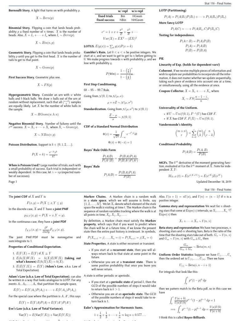 Stat 110 Final Exam Study Guide | PDF | Markov Chain | Poisson Distribution