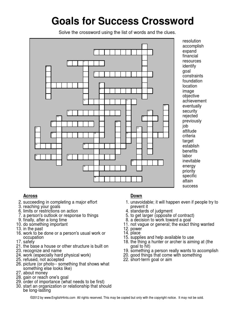 Goals For Success Crossword Solve The Crossword Using The List of