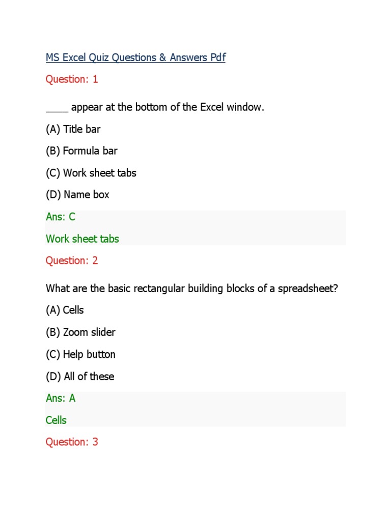Ms Excel Quiz Questions PDF | PDF