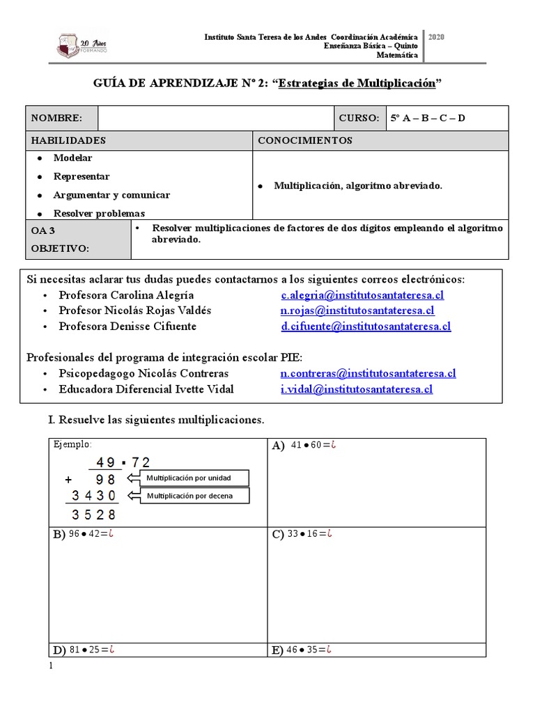Estrategias de Multiplicación para 5º Básico | PDF | Educación primaria ...