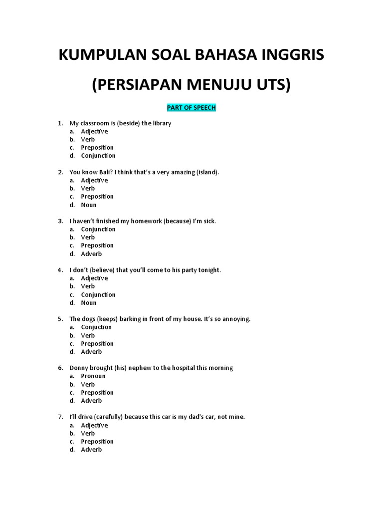 Kumpulan Soal Bahasa Inggris Uts Verb Adverb