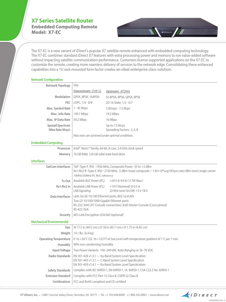 Idirect Spec Sheet X7 EC 2016 PDF Engineering