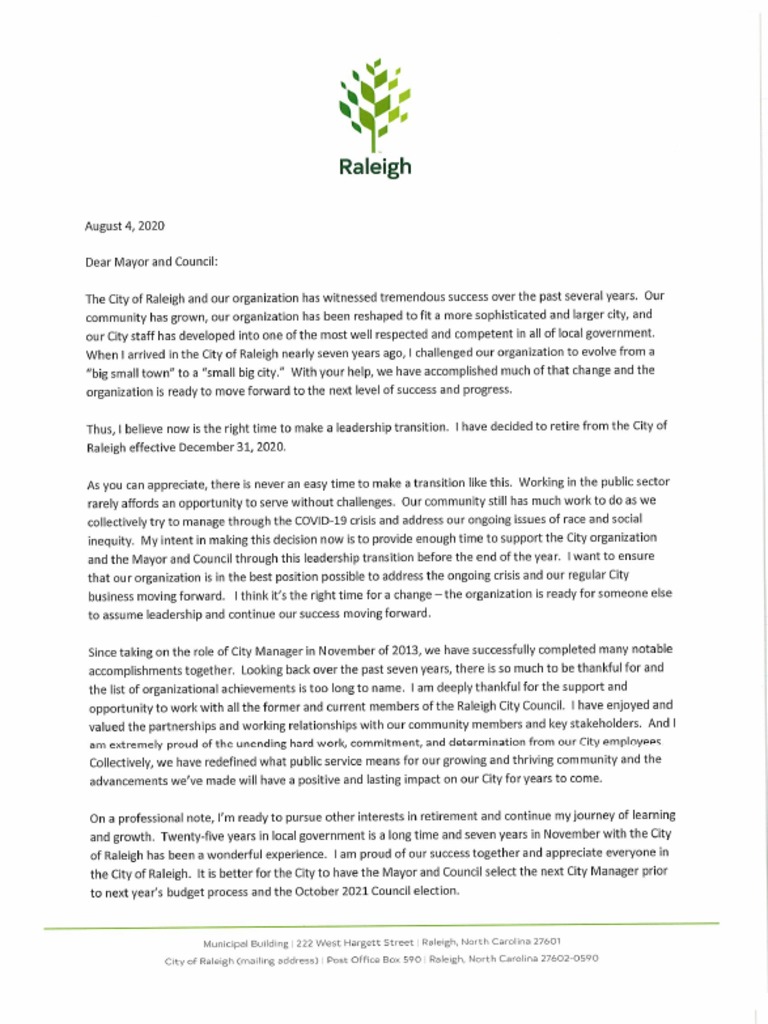 Raleigh City Manager Ruffin Hall's Retirement Letter | PDF