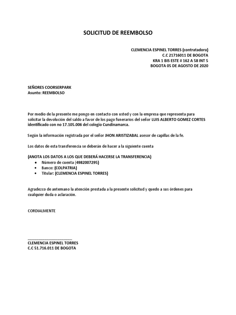 Formato Carta De Devolucion De Dinero