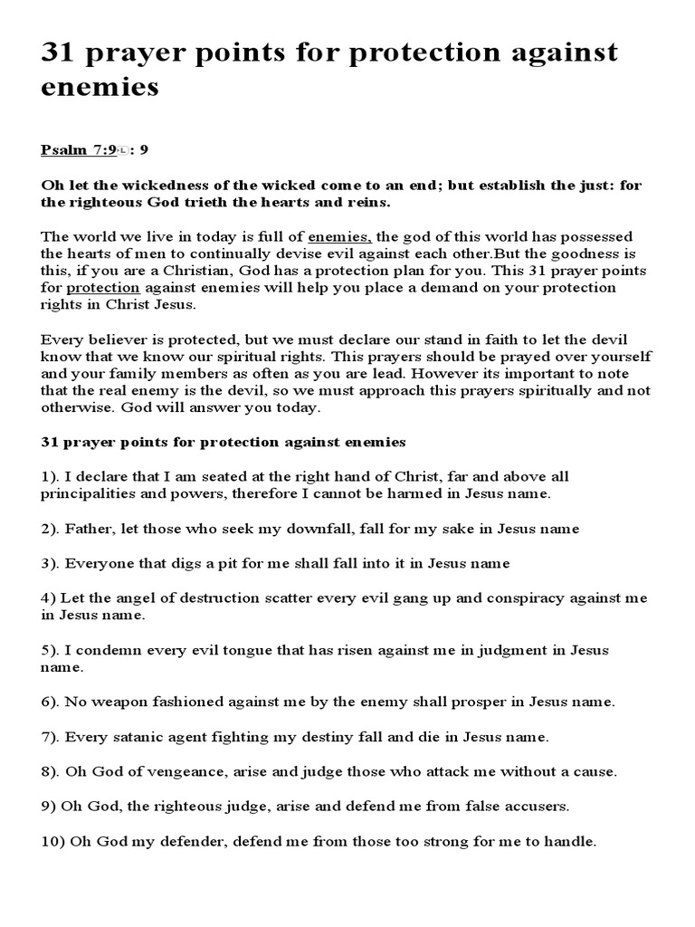 31 Prayer Points For Protection Against Enemies | PDF | Prayer | Acts ...