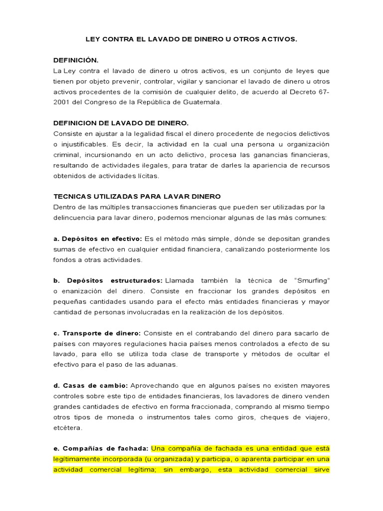 Ley Contra el Lavado de Dinero en Guatemala | PDF | Lavado de dinero ...