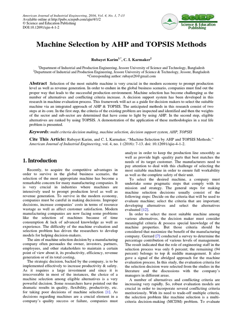 Machine Selection by AHP and TOPSIS Methods: Keywords | PDF | Decision ...