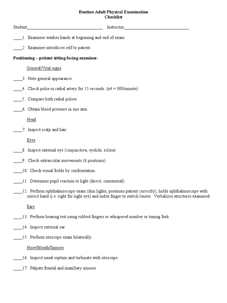 Routine Adult Physical Exam Checklist | PDF | Pulse | Neck