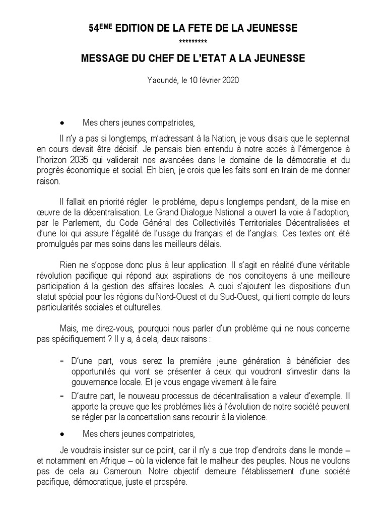 Discours de Paul Biya à la jeunesse 2025 | PDF | Cameroun | État