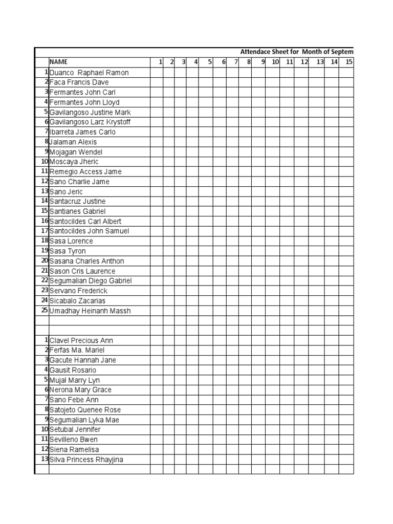 Attendace Sheet For Month of September 2019 | PDF