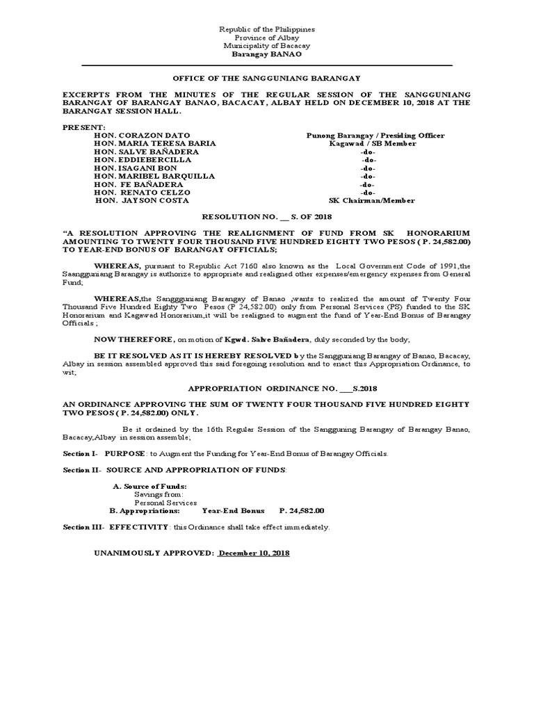 Barangay Fund Realignment Resolutions | PDF | Philippines | Government