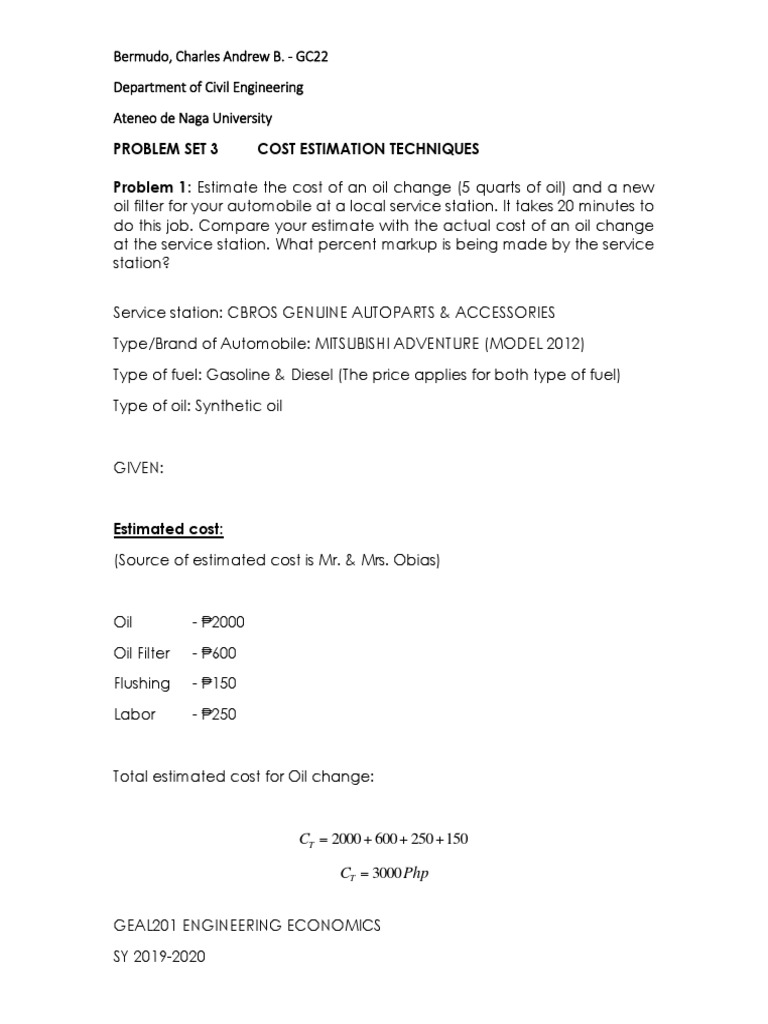 Problem Set 3 Cost Estimation Techniques Problem 1 Estimate The Cost