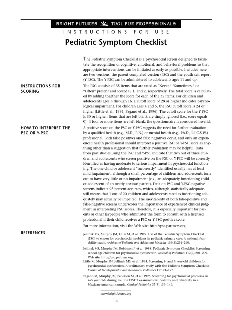Pediatric Symptom Checklist PDF Behavioural Sciences Psychology