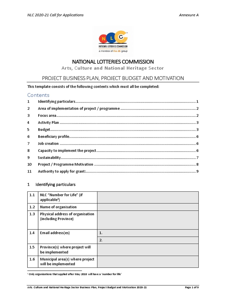 National Lotteries Commission Project Business Plan, Project Budget and ...