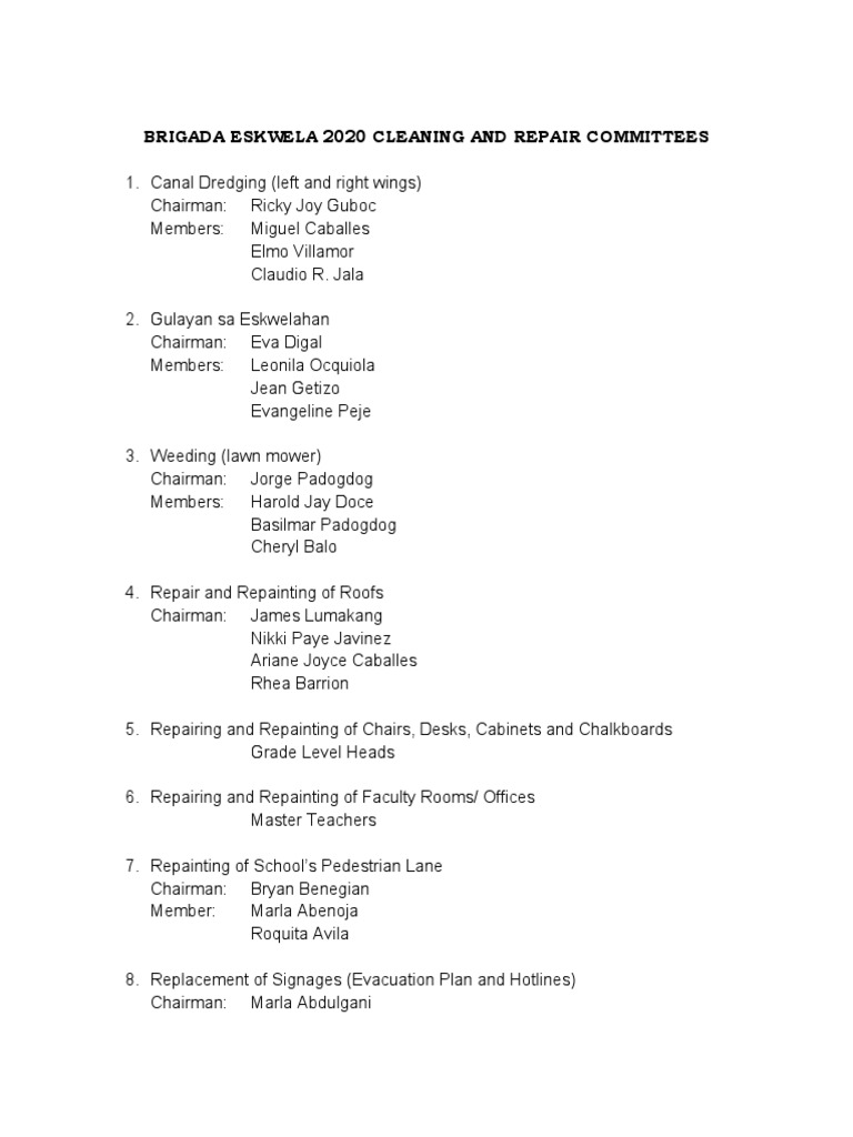 Brigada Eskwela 2020 Cleaning Committees | PDF | Nature
