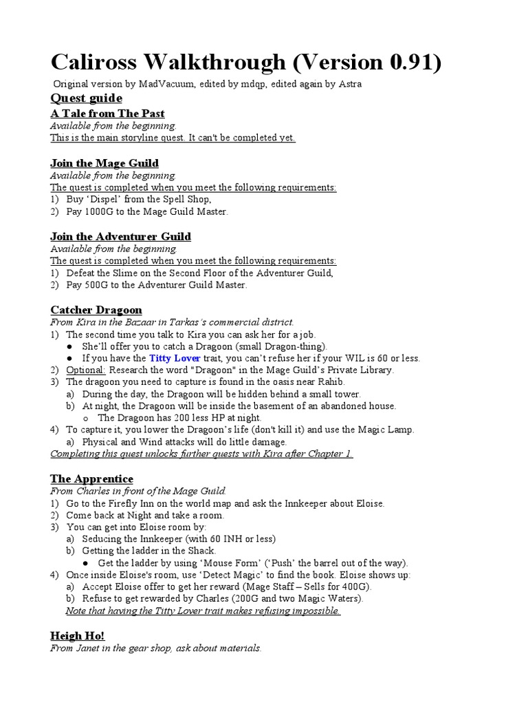 Caliross Walkthrough (Version 0.91) : Quest Guide, PDF