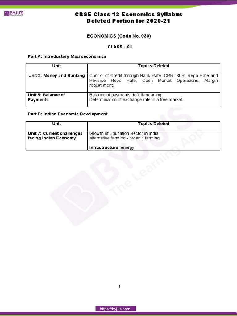CBSE Class 12 Economics Deleted Syllabus Portion For 2020 21 | PDF