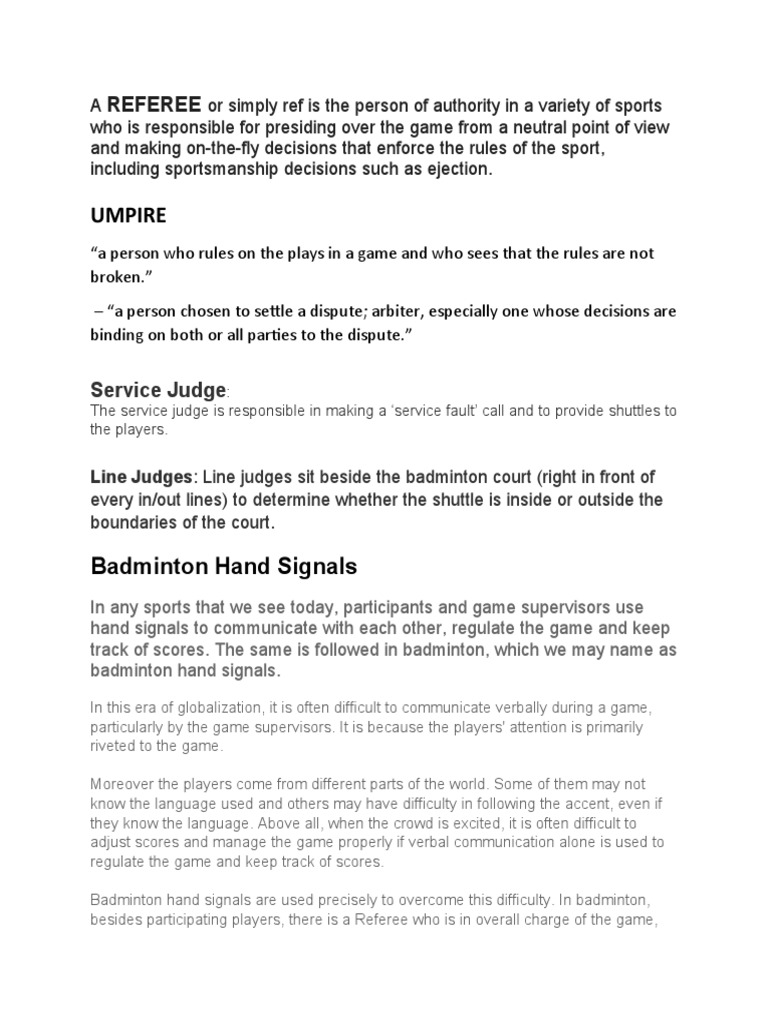 Badminton Roles | Pdf | Referee | Hand