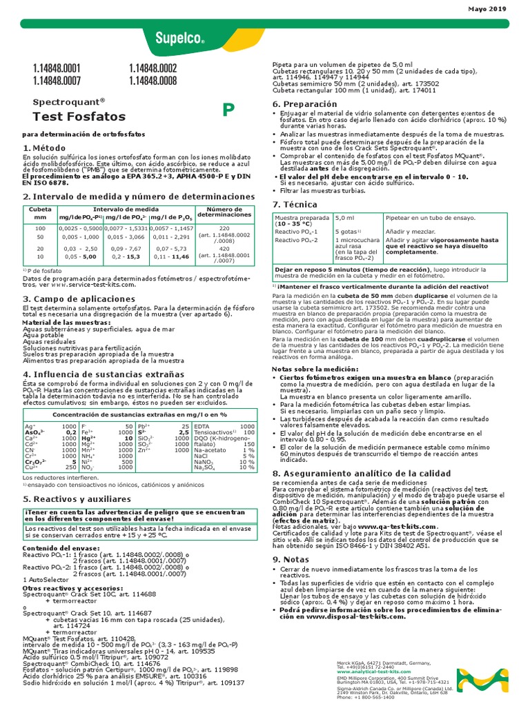 Test Fosfatos: Spectroquant | PDF | Fosfato | Química