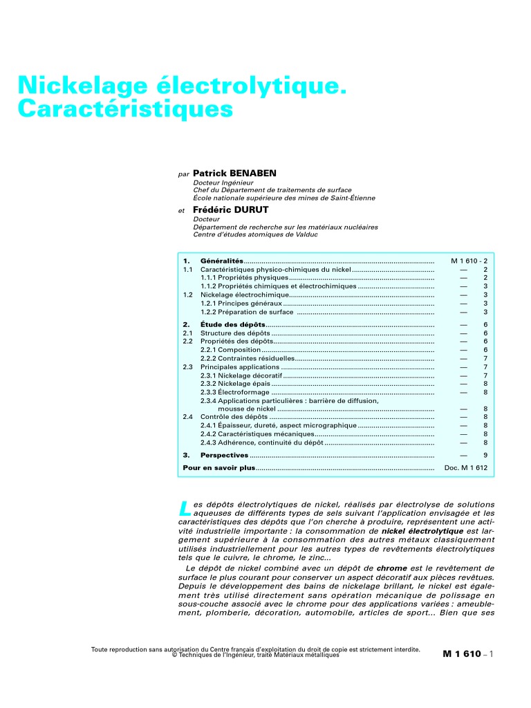 Nickelage Électrolytique. Caractéristiques PDF Nickel Zinc — free download