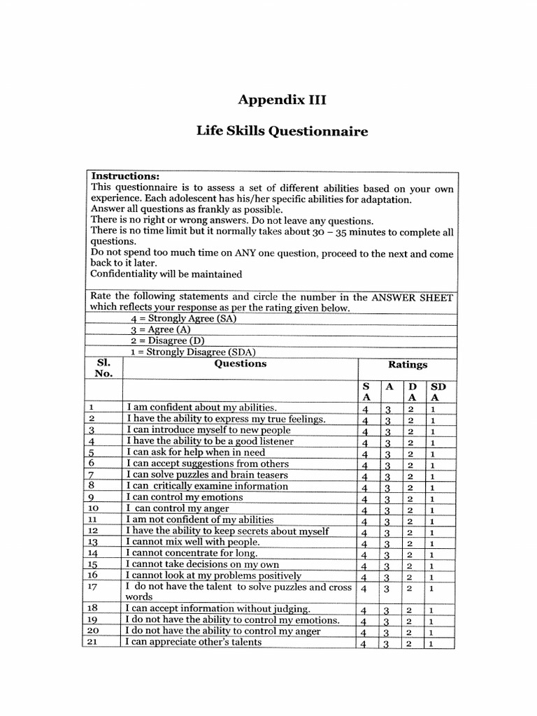 Appendix III Life Skills Questionnaire Instructions PDF Anger