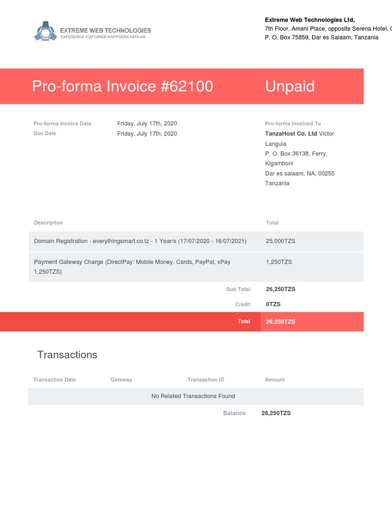 Pro-Forma Invoice #62100 Unpaid: Transactions | PDF | Pro Forma ...