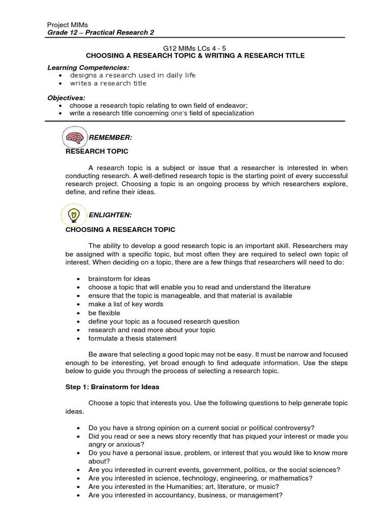 Choosing A Research Topic & Writing A Research Title | PDF | Question |  Thesis