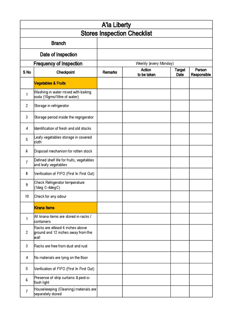 A'la Liberty Stores Inspection Checklist: Branch Date of Inspection ...