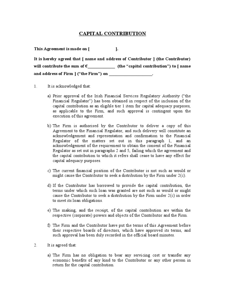 Capital Contribution Agreement Template | PDF | Capital Requirement ...