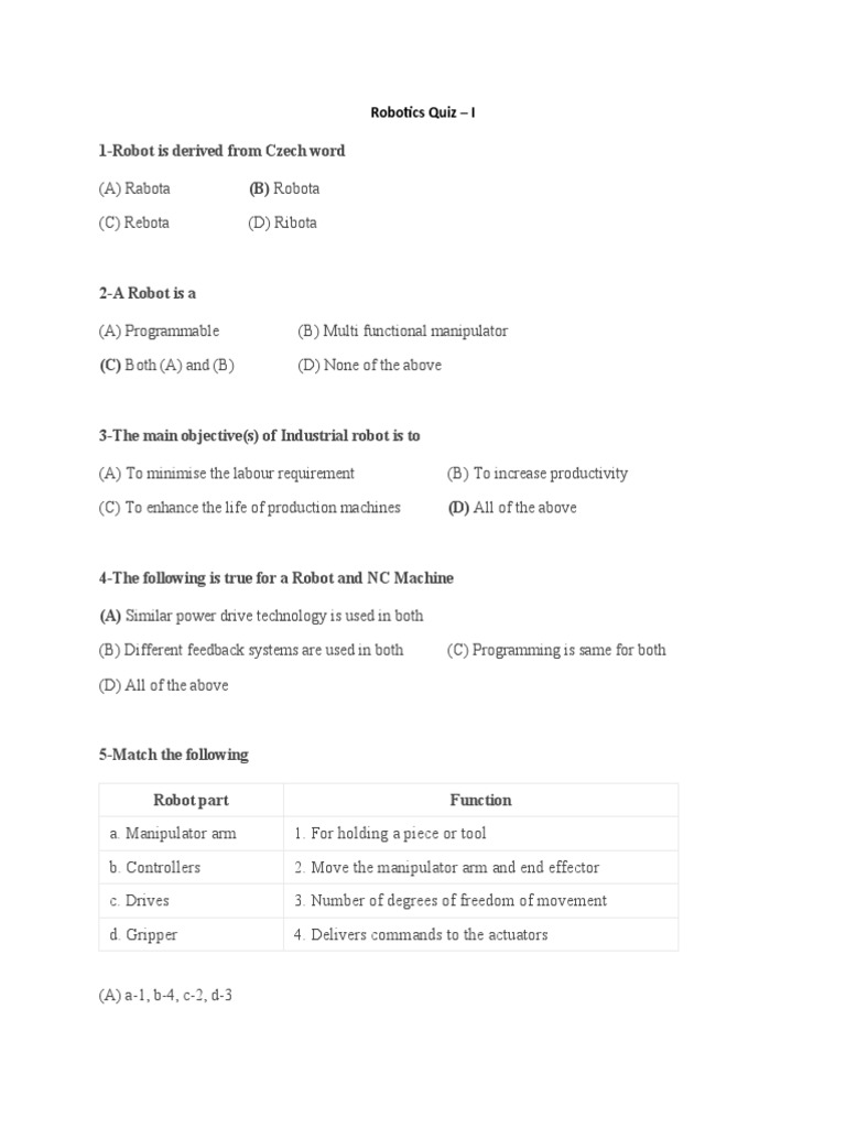Robotics Quiz With Answer PDF Robotics Coordinate System