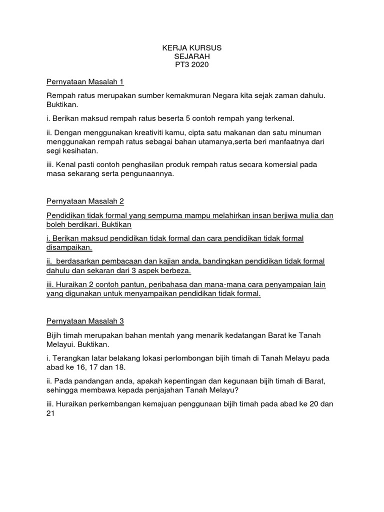 Pernyataan Masalah Kerja Kursus Sejarah Tingkatan 3