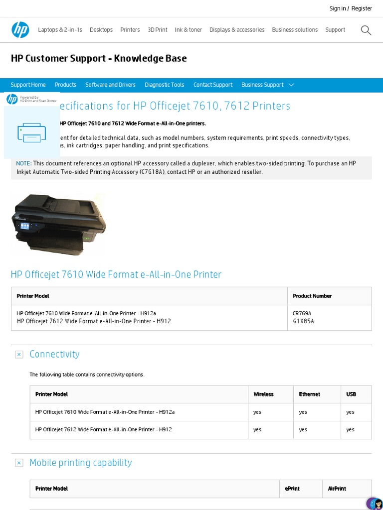 Printer Specifications For HP Officejet 7610, 7612 Printers - HP ...