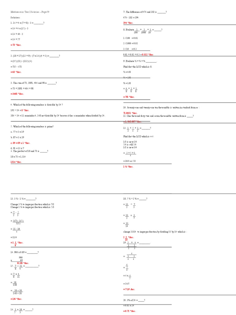 Math Test Solutions and Answers | PDF | Division (Mathematics ...