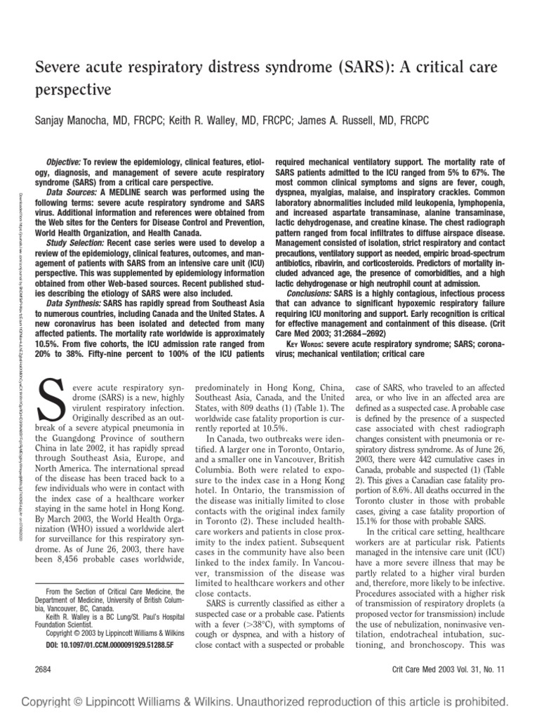 Severe Acute Respiratory Distress Syndrome (SARS) : A Critical Care ...