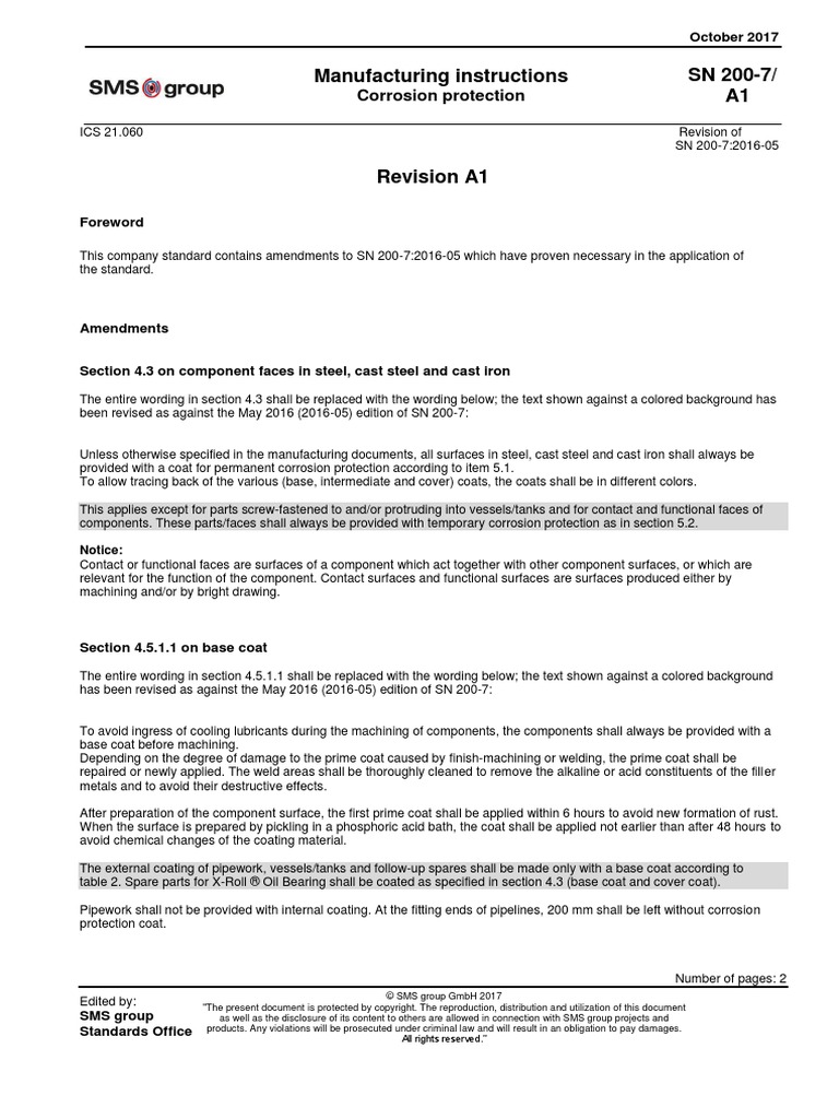 Manufacturing Instructions SN 200-7/ A1: Corrosion Protection | PDF ...