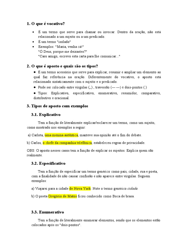 Resumo Sobre Vocativo e Aposto | PDF | Assunto (gramática) | Idiomas