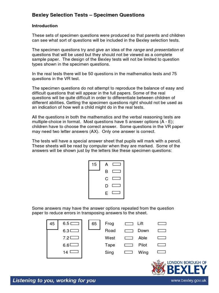 Bexley Selection Tests An Overview of Sample Test Questions, Formats